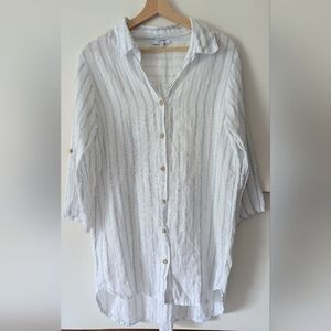 100% Italian Linen Tunic Button Up White Pinstripes Women's Small by Rosemarine